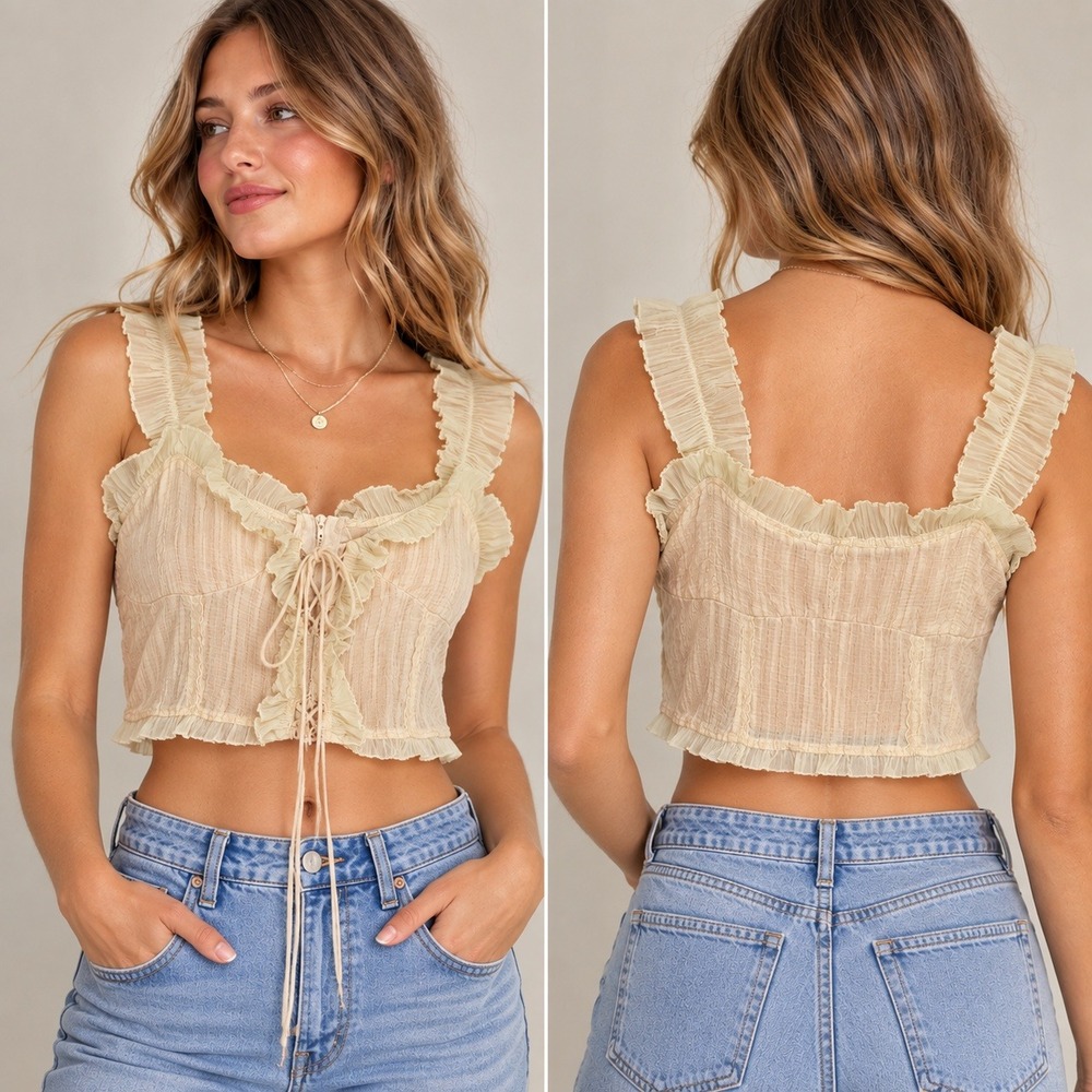 Flamant Rose Crop Top Cream Ruffle Lace Up Corset Milkmaid Cottagecore Sz Large